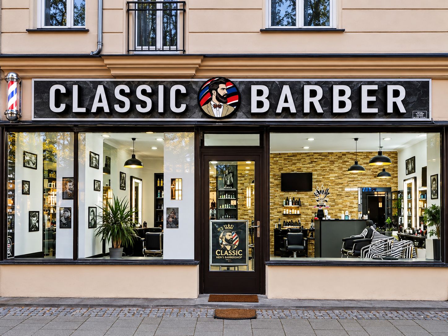 Ladenfront von Classic Barber auf der Kantstraße 97 in Berlin-Charlottenburg mit Schild, Eingang und Schaufenstern